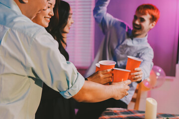 Diversity, dinner and group of people toast celebration together at party. Friends, happy and celebrate with food, wine and friendship for love, support and cheers champagne at business function