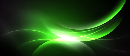 Abstract green waves, bright center glow. Smooth curves create dynamic visual effect. Dark background enhances luminosity.