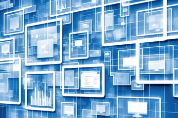 digital marketing concept with white computer screens and square frames on blue background for online advertising and web design