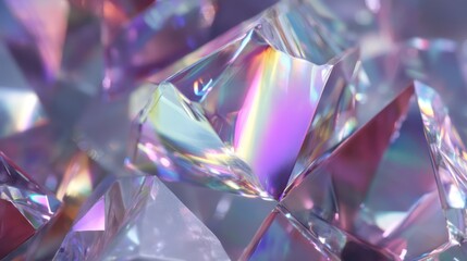 Macro shot of iridescent crystal shards arranged in clean pattern sparkle under controlled light shadows enhancing dimensional depth