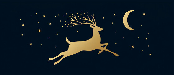 Golden reindeer leaping across a dark blue sky with stars and crescent moon