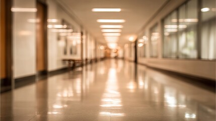 Blurred Hospital Corridor with Reflective Floor