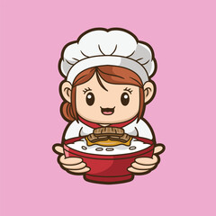 chef girl mascot with rice bowl good for sticker, badge, element design, mascot restaurant, etc