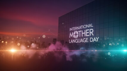 International Mother Language Day message on building with city skyline and colorful sunset sky