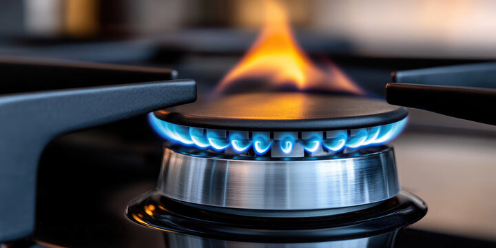 Clear blue flame burning cleanly on a gas stove burner with a touch of orange at the tips, symbolizing efficient energy, heating, household utility and modern kitchen appliances. Copy space