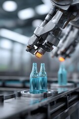 Robotic arm inspects glass bottles on production line