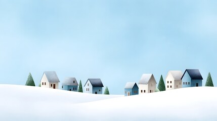 A minimalist winter village scene with small houses in snow