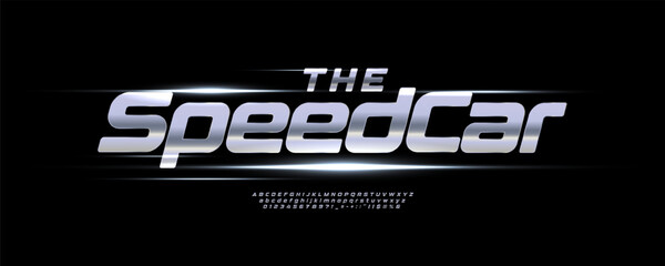 Obraz premium Speed Car Race Font Logo Alphabet Vector Steel Letters Set Automotive Typography, Dynamic Typographic Title Text, Typo Poster Headline, Type Symbol Logotype, Racing Sans Serif Fonts. Vector Typeface