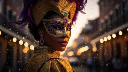 African american woman wears a jeweled carnival mask with feathers and a gold costume outdoors at dusk