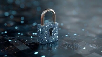Futuristic digital padlock on a luminous circuit network