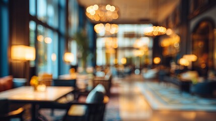 Blurred Modern Restaurant Interior with Warm Lighting