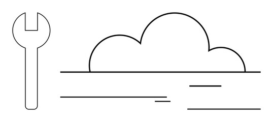 Wrench beside cloud and minimal lines represents cloud services, digital repair, and technology maintenance. Ideal for IT solutions, cloud storage, system operations, process optimization, data