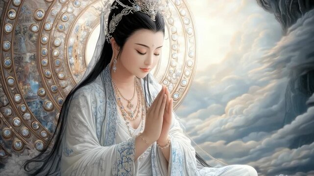 Timeless Kuan Yin spirit: Guanyin presence, Quan Am grace, Kanzeon prayer, birthday celebration, enlightenment vow, nirvana passage, divine mercy, radiant kindness, lotus vision, celestial aid