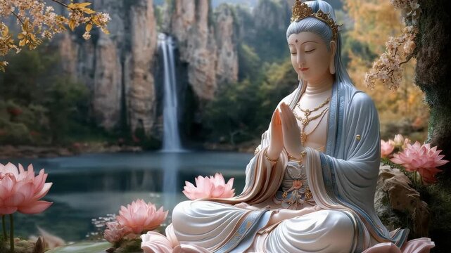Timeless Kuan Yin spirit: Guanyin presence, Quan Am grace, Kanzeon prayer, birthday celebration, enlightenment vow, nirvana passage, divine mercy, radiant kindness, lotus vision, celestial aid