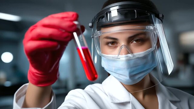 Laboratory professional wearing protective shield holding specimen tube with red substance in clinical setting, with copy space