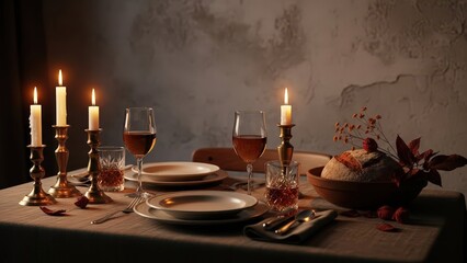 An inviting evening dinner table set with glowing candles, wine glasses, plates, and rustic bread indoors