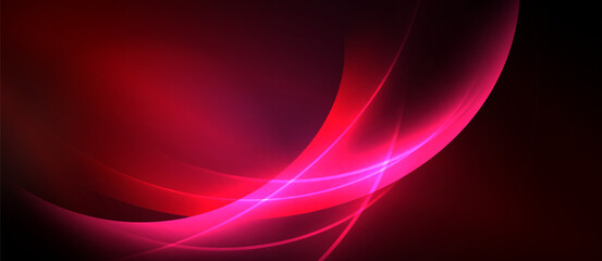 Abstract red design features flowing curves, gradients, bright light effects. Dramatic contrast between colors creates dynamic visual impact.