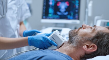 Fototapeta premium Thyroid Disease Awareness Month: a patient receiving a thyroid ultrasound, technician using ultrasound device on the neck, detailed hospital room interior