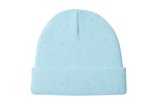 Light blue baby beanie with colorful dots