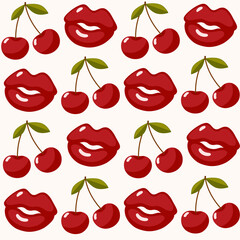 Red lips and cherry fruit seamless vector pattern