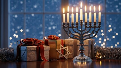 Lit menorah candles and gift boxes on a table by a window with snow falling outside during Hanukkah night