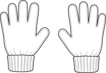 Winter gloves line drawing, left and right hand, ribbed cuff detail, five-finger design, black and white sketch, vector fashion template