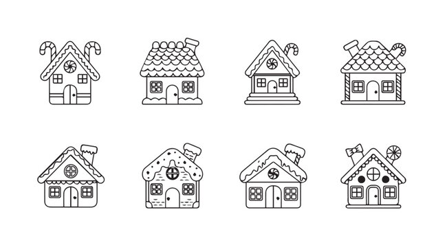 Collection of whimsical gingerbread house outlines in a distinctive silhouette style