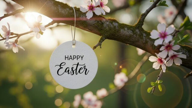 Happy Easter tag on blooming branch with white flowers during bright sunny spring day outdoors