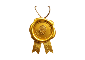 Golden wax seal with ribbon and pinecone emblem isolated on transparent background