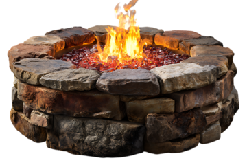 Burning Stone Circle: A warm and inviting stone fire pit burns brightly, casting dancing flames against the backdrop of a crisp evening sky.