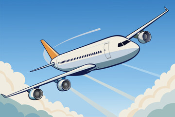 Bright, stylized illustration of a passenger airplane flying high above fluffy clouds under a clear blue sky. Ideal for travel, aviation, and flight-themed campaigns and articles.