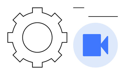Gear next to a video camera icon indicating settings for multimedia or video tools. Ideal for customization, tools, content creation, video production, editing, software, technology. Simple flat