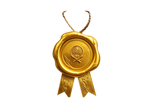 Golden wax seal with ribbon and pinecone emblem isolated on transparent background