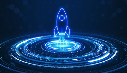 Futuristic Rocket Launch: A neon-lit rocket ascends from a glowing platform, symbolizing innovation and progress in a digital age.