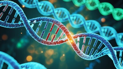 A vibrant illustration of DNA strands, showcasing their double helix structure with glowing colors and a blurred background, representing the essence of genetic science.