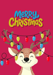 Merry Christmas Flyer. Cute Reindeer with colorful string lights