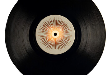 Vinyl Record's Elegance: A close-up shot of a classic black vinyl record, capturing its iconic design and timeless appeal. The circular grooves and center label create a mesmerizing visual texture.