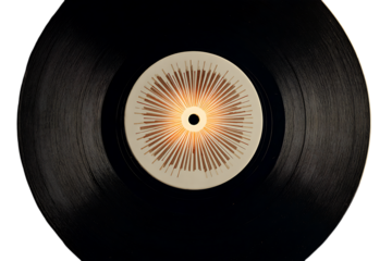 Vinyl Record's Elegance: A close-up shot of a classic black vinyl record, capturing its iconic design and timeless appeal. The circular grooves and center label create a mesmerizing visual texture.