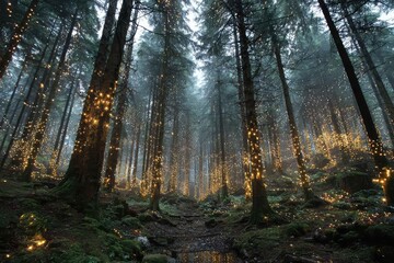 Obraz premium Evergreen forest decorated with subtle Christmas