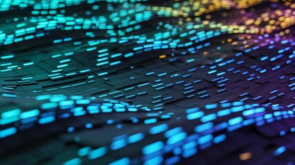 Obraz premium A vibrant, abstract image showcasing waves of glowing blue and multicolored light, creating a dynamic, digital landscape.