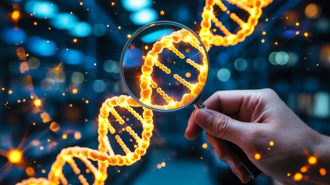 A hand holding a magnifying glass focuses on glowing DNA strands, symbolizing scientific discovery and genetic research.