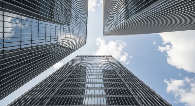 Three modern high rise towers converge towards a bright blue sky with scattered clouds