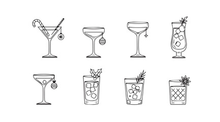 Collection of hand drawn cocktail glasses with festive garnishes silhouette