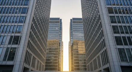 Obraz premium Multiple modern skyscrapers frame a bright sunlit gap between them