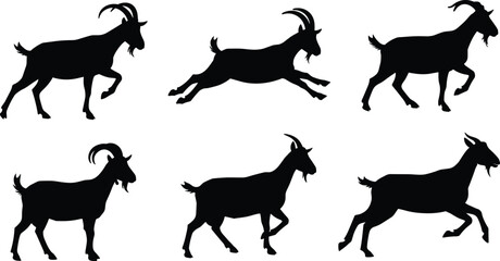 Goat silhouette vector set, black farm animal shapes, walking and jumping poses, livestock icons, isolated goat design, white background illustration