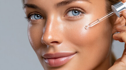 Woman applying a drop of moisturizing serum to her healthy, glowing face with a skincare dropper, emphasizing natural beauty, hydration, and a holistic self-care routine