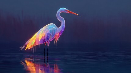 Neon crane standing in water glowing with delicate electric lines, serene digital neon wildlife art, glowing bird reflection on dark backgrounds