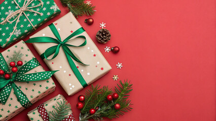 Festive holiday gifts wrapped in colorful paper and ribbons arranged on a bright red background