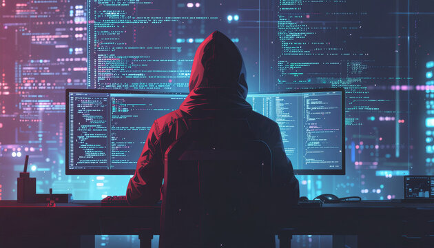 Red team operator conducting reconnaissance using terminal tools displaying scrolling code in a minimalist cyber environment