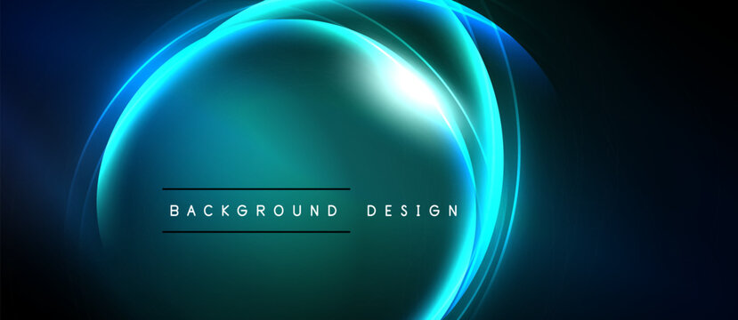 Abstract blue neon light shapes form oval design. Dark background emphasizes glowing curves, creating modern visual effect.